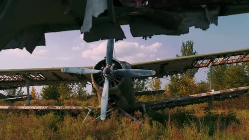 AN2 Plane with Broken Wings on Abandoned Grass Airfield