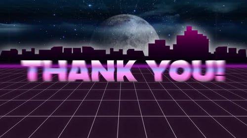 Animation vintage video game screen with metallic words thank you written