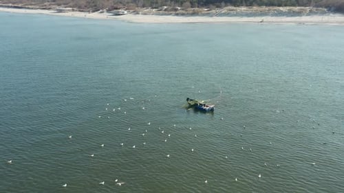 AÉRIENNE : Une volée de goélands entoure des pêcheurs dans des filets de lancement de bateaux de couleur bleue près de la côte de la mer Baltique