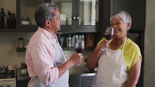 Mature Couple Toasting with Red Wine in Kitchen