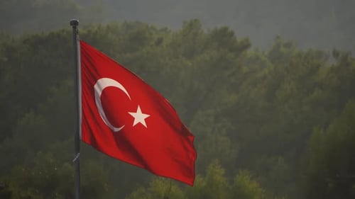 Turkish Flag Waving with Trees in Background
