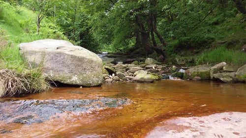 Drone footage of a slow moving, peaceful woodland stream in the Derbyshire Peak District with wate
