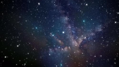 Camera flying through the clouds and star field in outer space.