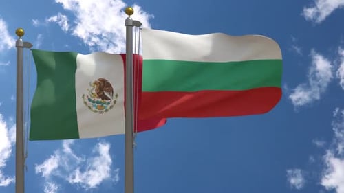 Mexico and Bulgaria National Flags Waving on Flagpoles