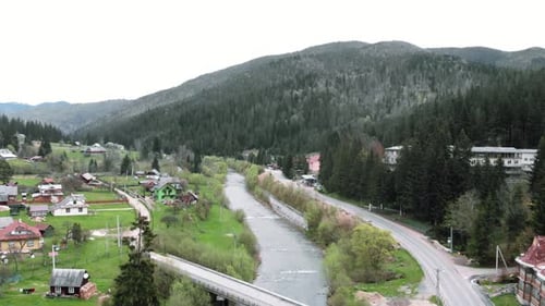 Carpathian mountains, river and village