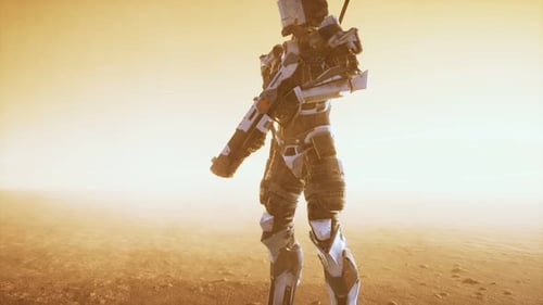 Futuristic Soldier in Desert at Sandstorm