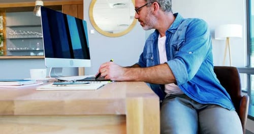 Man Works at Desk with Tablet and Computer