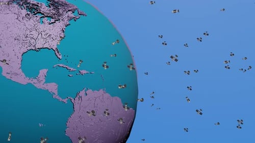 Planet Earth render with many satellites around.