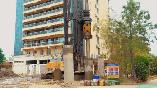 Pile Driver Machine at Construction Site in City
