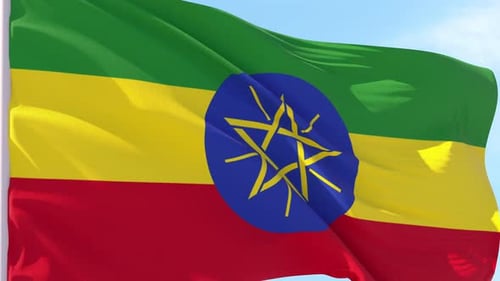 Waving Ethiopian National Flag on Blue Sky