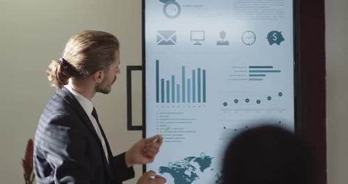 Business Meeting in Office Young Businessman Speak and Shows Financial Infographic in Conference