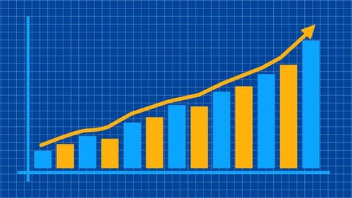 Animated Bar and Line Graph Showing Growth on Blueprint Grid