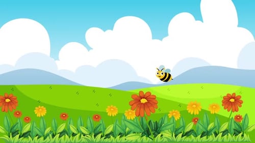Animated Bee Flying and Landing on Flower in Flat Design Landscape
