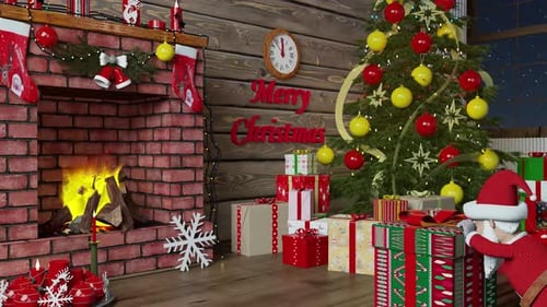 Animated Santa Claus Arranges Christmas Gifts by Fireplace