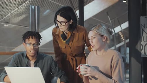 Multiethnic Group of Colleagues Discussing Laptop Presentation in Office