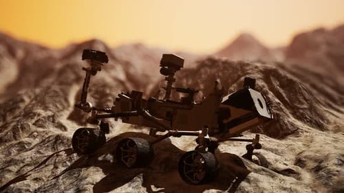 Animated 3D Mars Rover on Rocky Alien Planet Surface