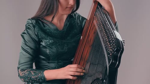 Woman Plays Beautiful Harp Instrument