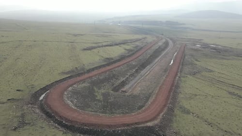 Moving along railroad tracks. Aerial view of Railroad emergency stop track in Trialeti, Georgia