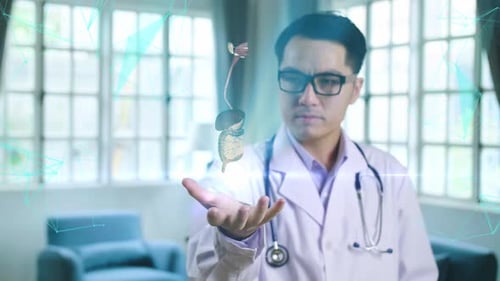 Doctor Examines Holographic Digestive System in Modern Setting