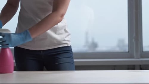 Adult Cleans Table with Blue Rag and Cleaner