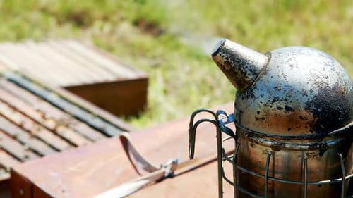 Bee smoker on wooden plank