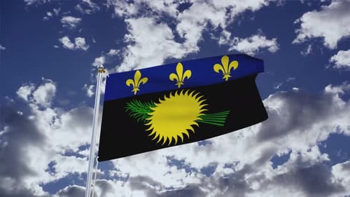 Realistic Waving Guadeloupe Flag Against Blue Cloudy Sky
