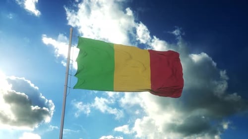 Realistic Waving Flag on a Flagpole Against a Cloudy Blue Sky
