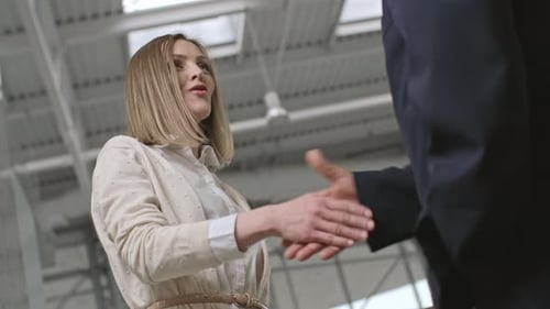 Businesswoman Handshake in Bright Modern Office Space
