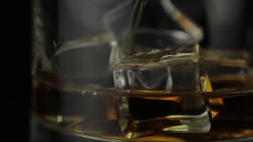 Pouring Alcohol Drink Whiskey, Cognac Into Glass with Ice Cubes. Slow Motion