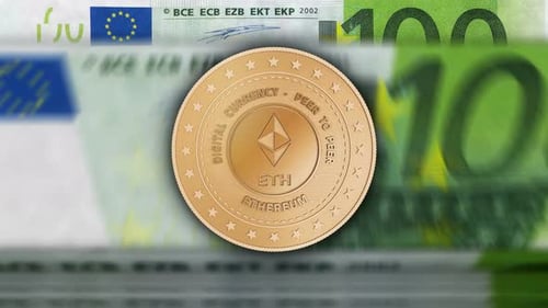 Ethereum ETH cryptocurrency golden coins over Euro banknotes loop