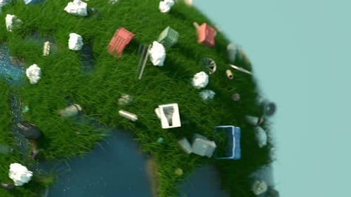 Aparece un globo terrestre con todo tipo de basura en la tierra cubierta de hierba.