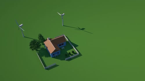 Geometric House with Wind Turbines on Green Field Animation