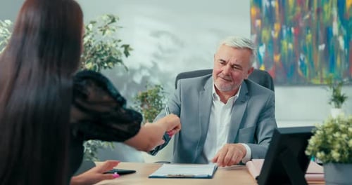 Candidate for Position of Secretary to Boss in Company is at Job Interview Young Girl Signs Contract