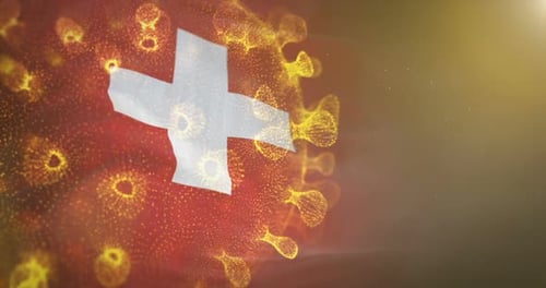 Switzerland Flag and Abstract Virus Particles Medical Background