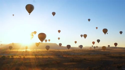 Hot Air Balloons Floating in Golden Sunrise Light