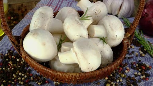 Basket with Raw Edible Champignon Mushrooms Rotates in Circle