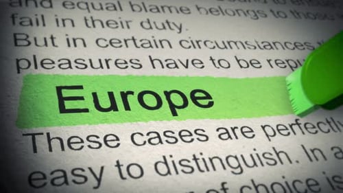 Green Highlighter Marking Word Europe on Printed Document