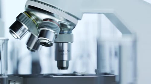 Countless modern microscopes in a row analysing samples in an endless loop. 4KHD