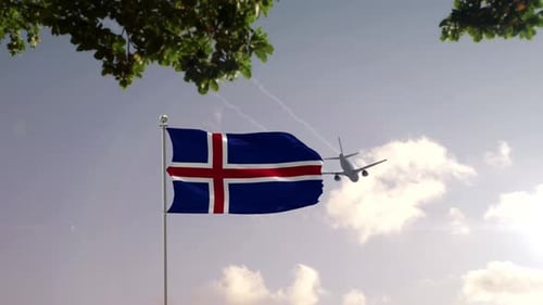 Iceland Flag Waving with Airplane Flying Above Modern City