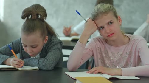 Primary School Kids Sitting at School Class and Listening To a Teacher at Lesson