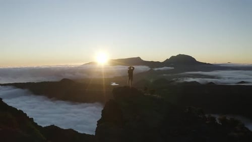 Aerial view of a person standing on the mountain, Reunion.