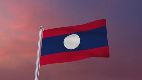 Laos National Flag Waving Animation with Sunset Background