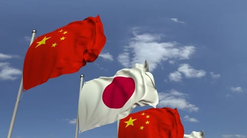 Waving National Flags: Japan and China in Blue Sky