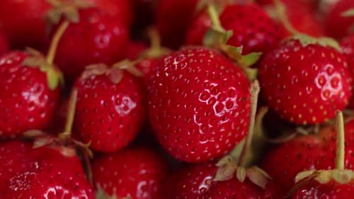 Red juicy and refreshing healthy strawberries, closeup, rotation. Natural delicious and ripe farm