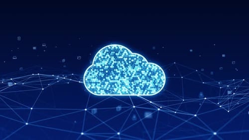 Blue digital cloud computing logo with line connection and futuristic technology icon