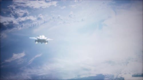 Futuristic Spaceship Flying Above Earth with Glowing Engines