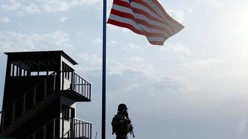 3D Animation of Soldier and American Flag in Watchtower Scene