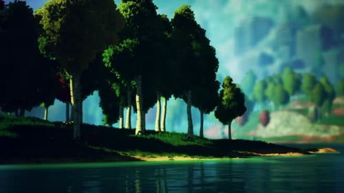 Karikatur Grüne Waldlandschaft mit Bäumen und See