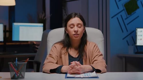 Pov of Exhausted Businesswoman Talking with Remote Business Team