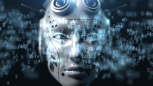 Futuristic Android Face with Digital Data Stream